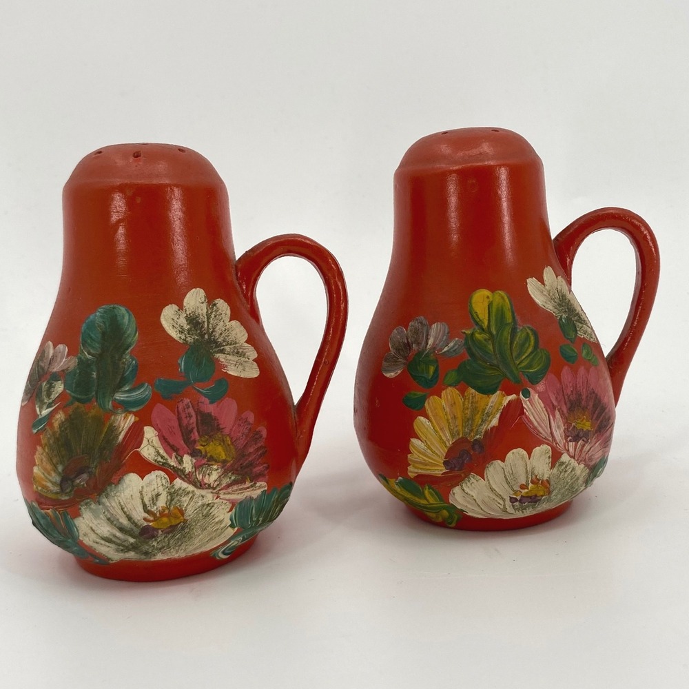 Vintage Hand Painted Wooden Salt and Pepper Shakers Red Floral Folk Art 4.5" 5"